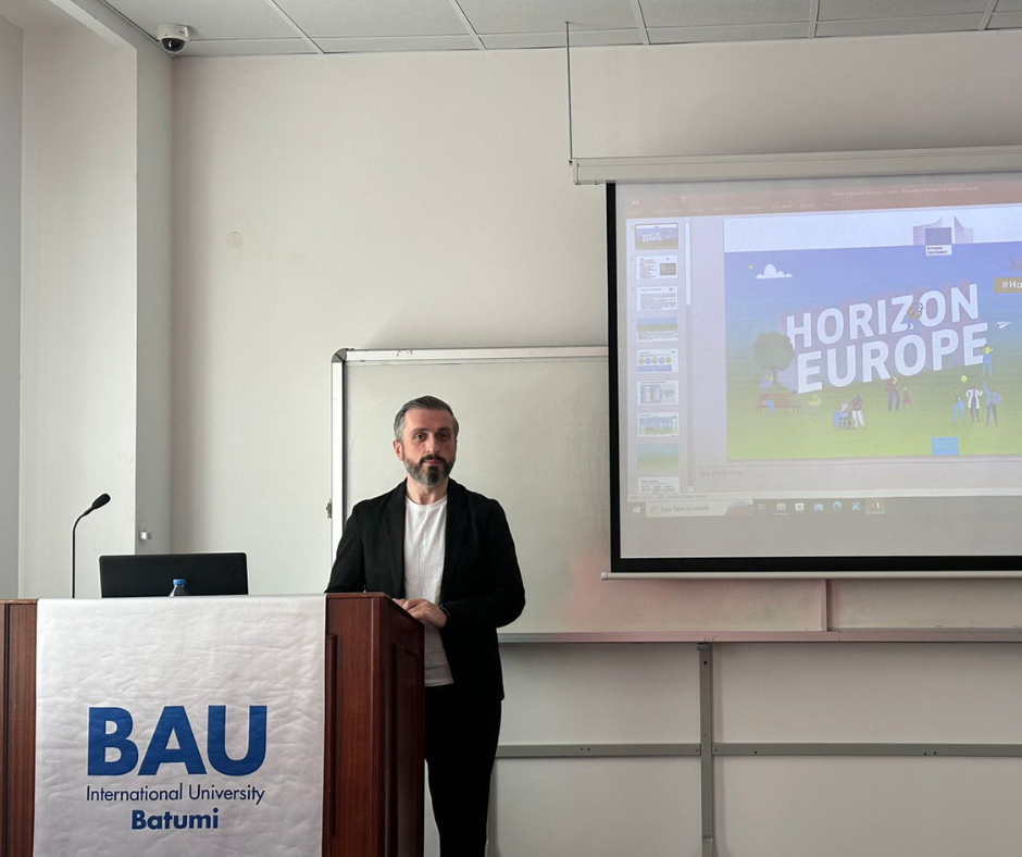 BAU International University Batumi organized an enlightening presentation on Horizon Europe on February 26th, shedding light on the collaborative opportunities in research and innovation under the EU's flagship funding initiative. Mr. Shota Rodinadze, the coordinator of the university's Horizon Europe grant office, led the session, introducing academic staff to the program's overall benefits and specific advantages.